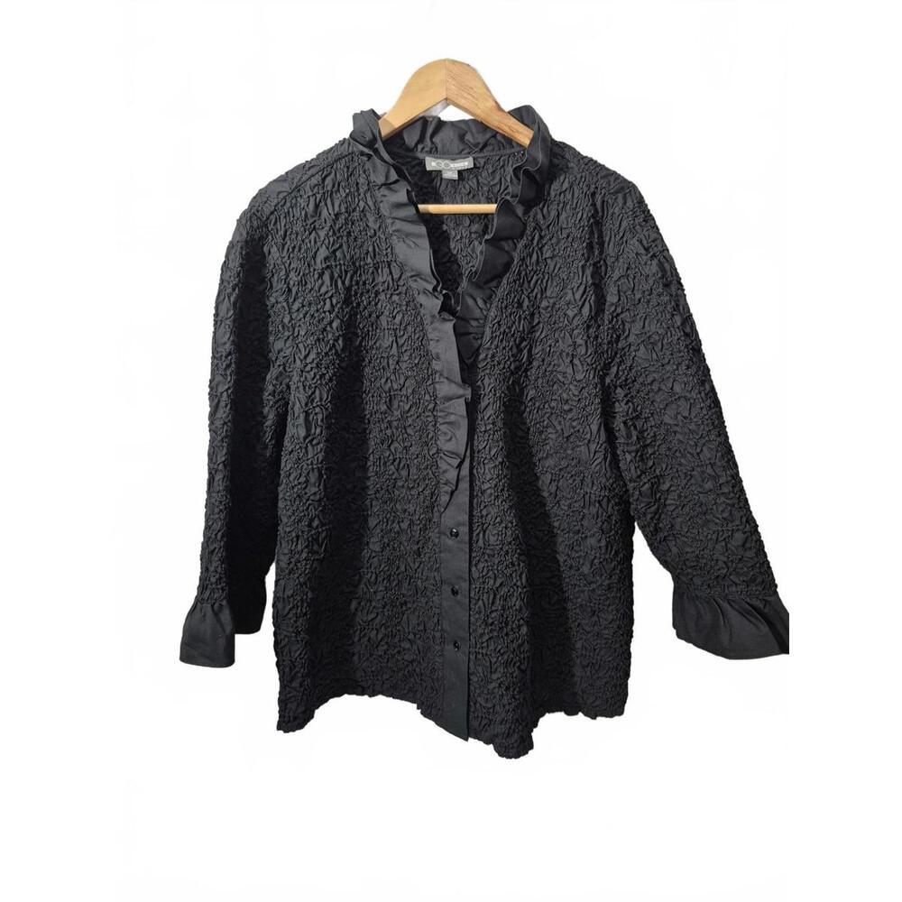Go Silk Ladies 100% Cotton Black Button Front Smocked Blouse Top